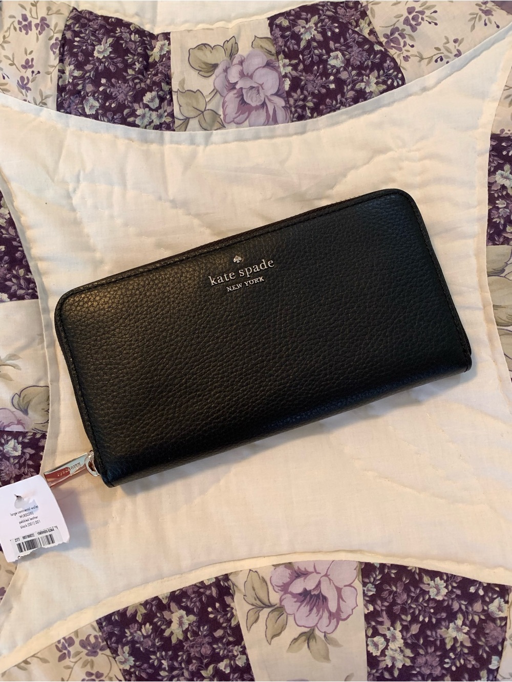 kate spade Black Pebbled Leather Zip Wallet with Gold Logo
